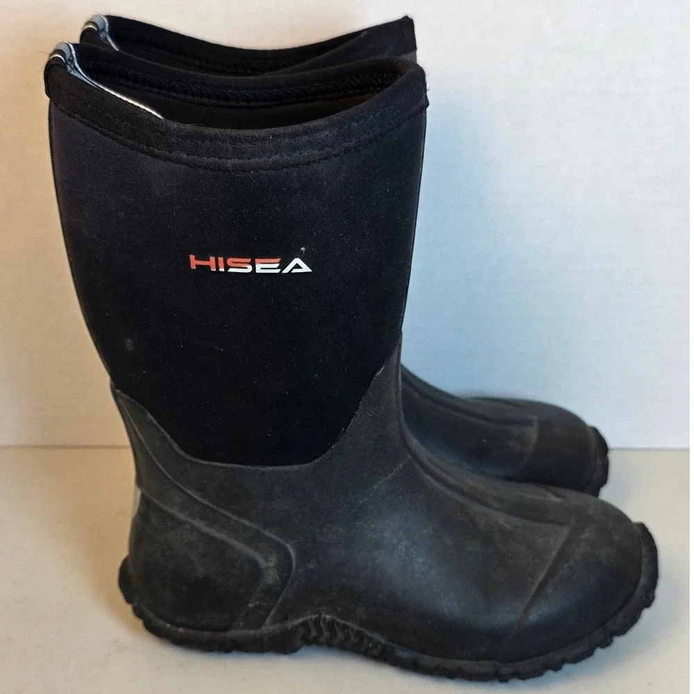 HISEA Kids‎ Rubber Neoprene Rain Snow Boots Black Waterproof Size 4 Muck Boot